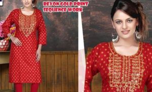 Red Ladies Gold Printed Rayon Kurti Set