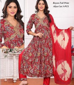 Red Printed Rayon Alia Cut Suit