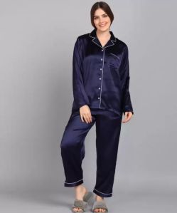 Satin Blue Ladies Full Sleeve Night Suit