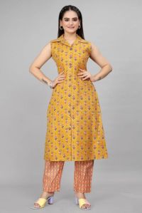 Ladies Yellow Cotton Blend Kurta Pant Set