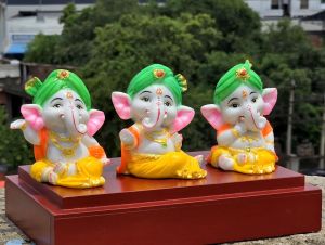 Color Coated Marble Dust With Resin Bal Ganesha Statue Set For Interior Decor, Religious Purpose