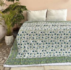 Green Hand Block Printed Cotton Throw Blanket