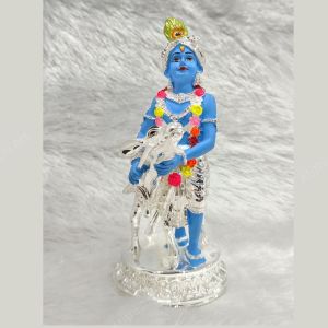 Silver Plated Resin Krishna Statue For Interior Decor, Gifting