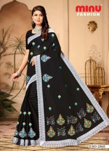 Black Cat Embroidered Cotton Saree