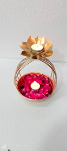 Metal Lotus Tealight Candle Holder With Base Of Urli Bowl, Diwali Gift