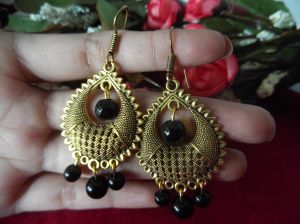 Golden Oxidized Earrings With Hanging Beads