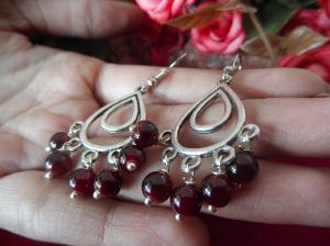 Silver Color Oxidized Earrings With Blackish Maroon Beads