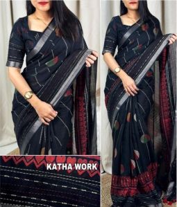 Printed Unstitched Cotton Ladies Katha Work Saree, Technics : Machine Made