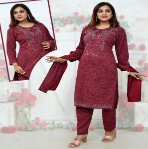 Ladies Karachi Wool Straight Kurti Pant Dupatta Set