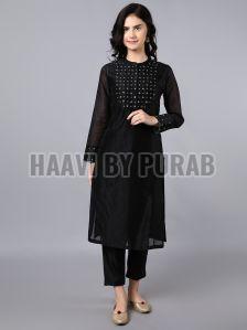 Chanderi Kurta Black With Hand Embroidery On Yoke Paired With Black Trouser