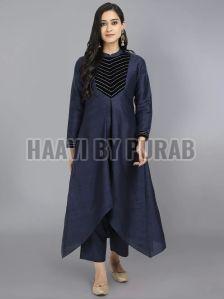 Ladies Embroidered Blue Dupion Silk Kurta Set