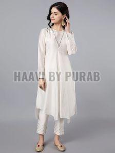 Ladies Ivory Chanderi Silk Asymmetric Kurta