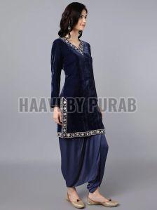 Ladies Blue Viscose Velvet Kurta