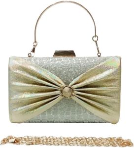 Cream Shiny Velvet Clutch Bag, Closure Type : Zipper