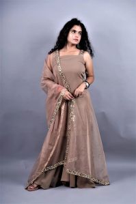 Brown Mirror Work Sharara Suit Set