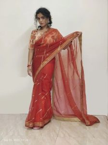 Orange Hand Embroidered Saree Without Blouse