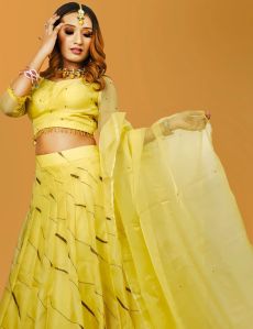Yellow Hand Embroidery Kalidar Lehenga Set
