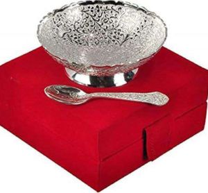 3.6 Inch German Silver Plated Floral Embossed Single Bowl With Tray Set