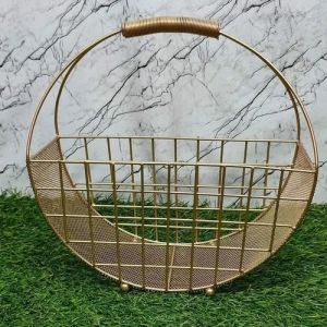 Golden Circular Iron Wire Mesh Cart Hamper Basket