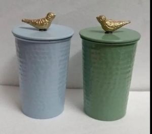 Metal Blue And Green Birds Jar