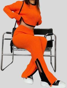 Women Orange Rib Knit Co-ord Set For Garments