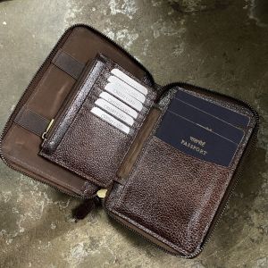 Cow Leather Organizer Bi-fold Round Zipper Travel Wallet