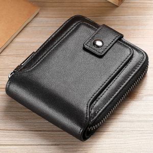 Mens Cow Nappa Leather Bifold Round Zipper Wallet