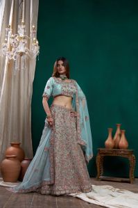 Ladies Dusty Blue Multi Embroidered Lehenga, Technics : Embroidery Work