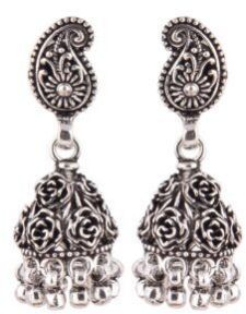 92.2 Sterling Silver Earrings Rose And Paisley Engraved Jhumkis