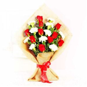 Red Rose With White Carnations