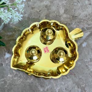 Brass Leaf Shaped Kumkum Box 3 Bowls Attached