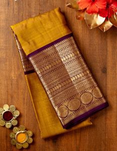 Golden Kanjivaram Saree With Big Violet Copper Zari Border