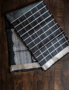 Half Silk Saree With Black Checks