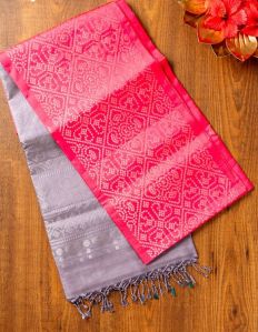 Pink Kanchipuram Silk Saree With Contrast Grey