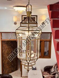 Polished Metal Glass Hanging Lantern For Light Decoration