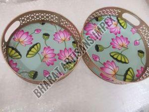 Wood Enamel Flower Print Tray, Length : 8 Inch