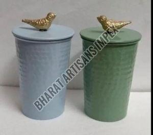 Metal Blue And Green Birds Jar