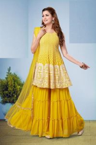 Round Neck Designer Cotton Yellow Chikankari Sharara Suit, Sleeve Type : Sleeveless