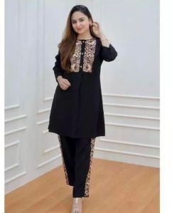 Printed Ladies Black Cord Set M, Xl Casual Wear