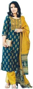 Ladies Green Floral Print Straight Kurta With Pants And Dupatta Set