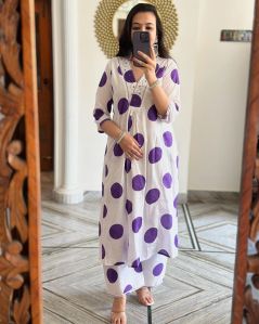 Ladies White and Purple Printed Kurta Set