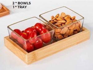 Wooden Tray With Square Glass Bowls