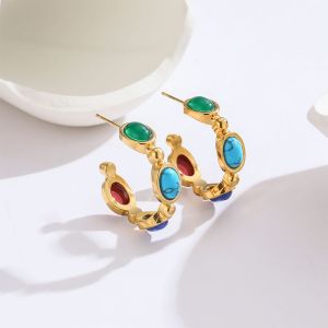 C Shape Oval Inlay Titanium Steel Turquoise 18K Gold Plated Ear Studs