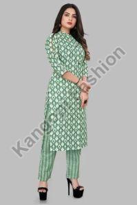 Ladies Green A Line Kurti Pant Set