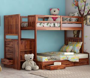 Solid Sheesham Wood Bunk Bed with Storage Twin Over Twin Loft Bed for Kids, Double Decker Cabin