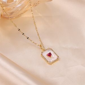Heart Shape Natural Stone Shell Zircon Pendant Necklace