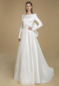 A Line White Satin Long Sleeve Wedding Gown