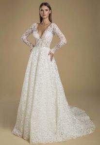 Appliques Lace Deep V Neck Long Sleeves Wedding Gown