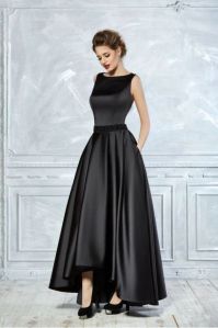Black Satin Bateau Neck Sleeveless Partywear Gown