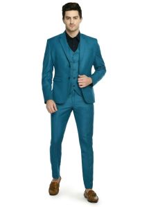 Dark Blue Partywear Mens Three Piece Coat Pant